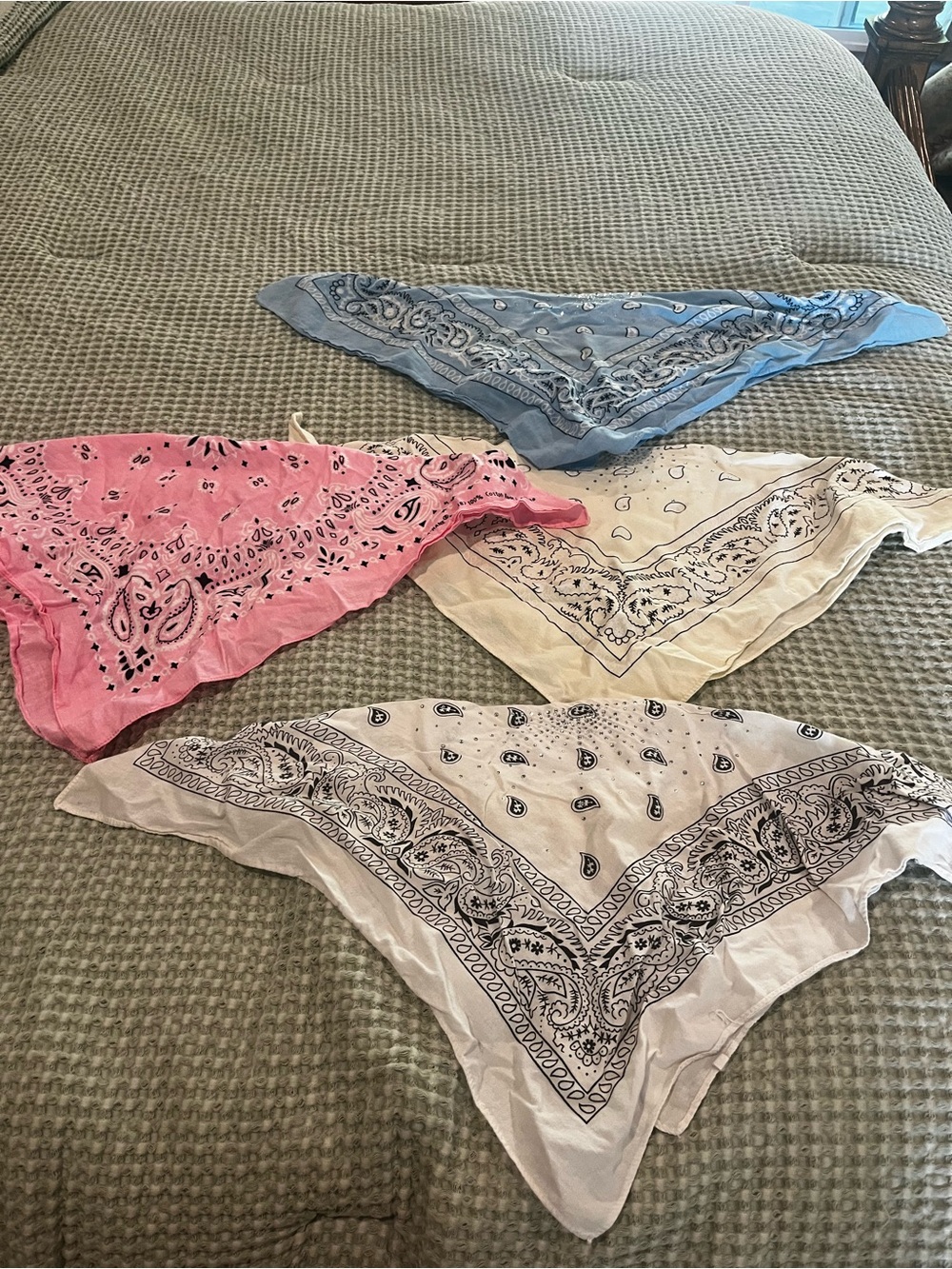 Set of 4 Cotton Bandanas in Pink, Blue, Cream, White with rhinstone